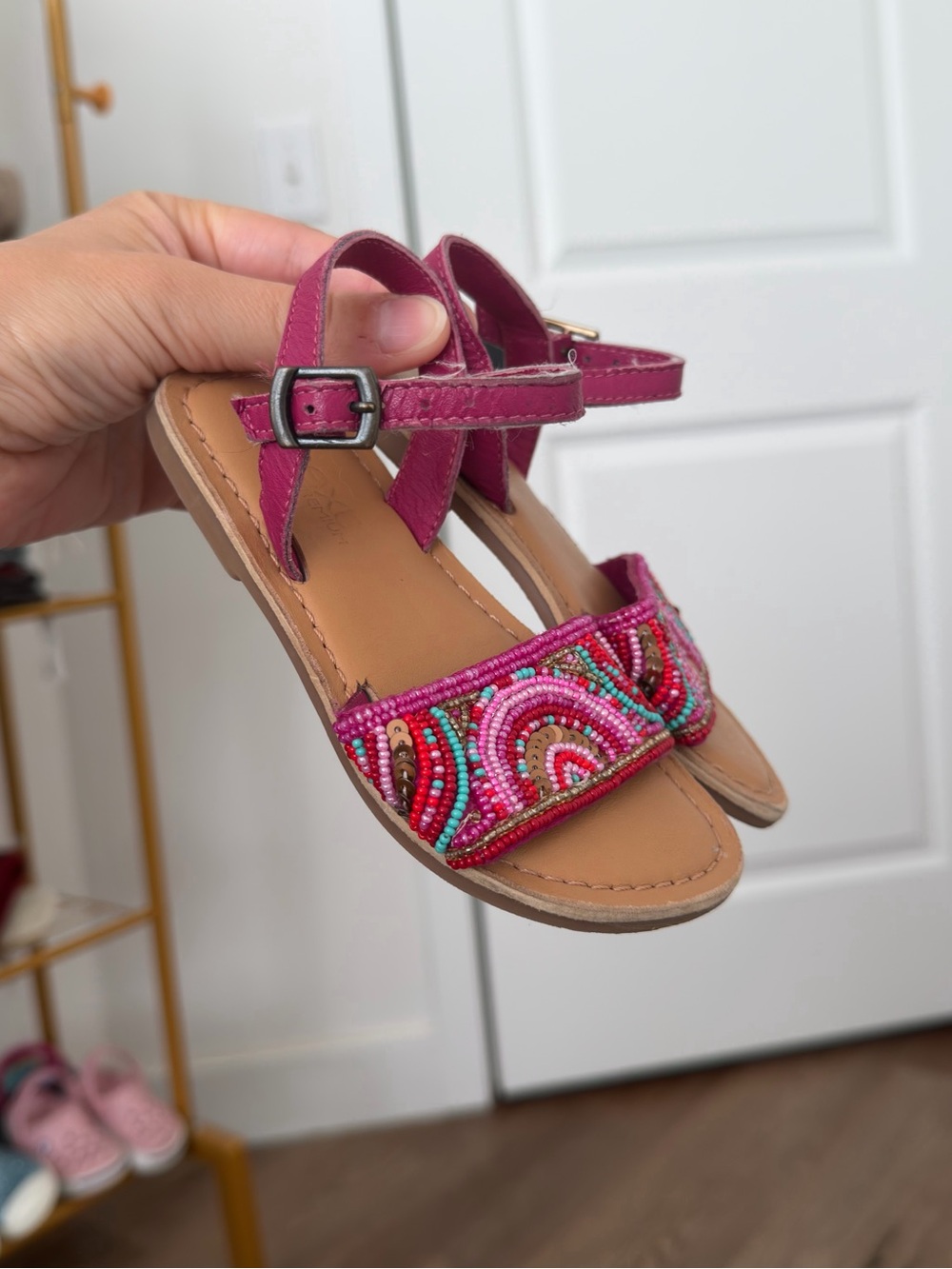 NEXT Magenta Pink Beaded Ankle-Strap Sandals Adjustable Size 7c Toddler Girl